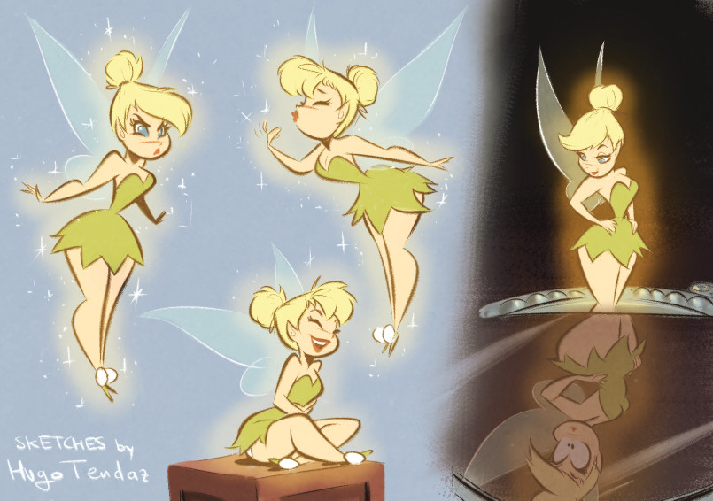 1girl artist_name ass blonde_hair blue_eyes closed_mouth commentary commission disney dress english_commentary fairy fairy_wings hair_bun huge_ass hugotendaz mirror multiple_views open_mouth reflection short_hair single_hair_bun solo tinker_bell_(disney) toon_(style) walt_disney&#039;s_peter_pan wings