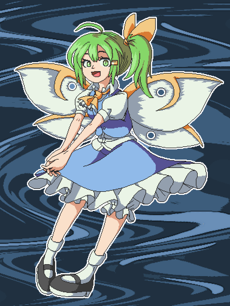 1girl aksawshin ascot black_shoes blue_eyes blue_skirt blue_vest bow collared_shirt daiyousei fairy_wings green_eyes green_hair hair_bow hair_ribbon mary_janes own_hands_together pixel_art puffy_short_sleeves puffy_sleeves ribbon shirt shoes short_hair short_sleeves side_ponytail simple_background skirt skirt_set smile socks solo touhou vest white_background white_shirt wings yellow_ascot yellow_bow yellow_ribbon