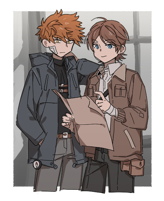 2boys bandage_on_face bandaged_arm bandages belt black_pants black_shirt blue_eyes blue_jacket brown_hair brown_jacket collared_shirt cropped_legs dress_shirt frown grey_pants hand_in_pocket hand_on_own_neck holding holding_map jacket long_sleeves male_focus map mizukami_satoshi_(world_trigger) multiple_boys nana_0253 orange_hair ouji_kazuaki pants pocket pointing shirt short_hair smile t-shirt white_shirt world_trigger yellow_eyes