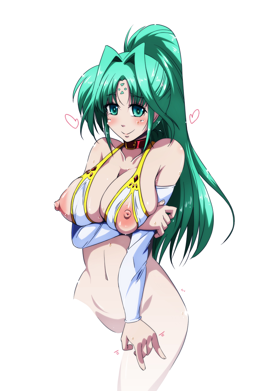 1girl blush breasts closed_mouth green_eyes green_hair highres large_breasts lindy_harlaown long_hair looking_at_viewer lyrical_nanoha mahou_shoujo_lyrical_nanoha_strikers navel nipples ponytail simple_background smile solo tappa_(esperanza) upper_body white_background