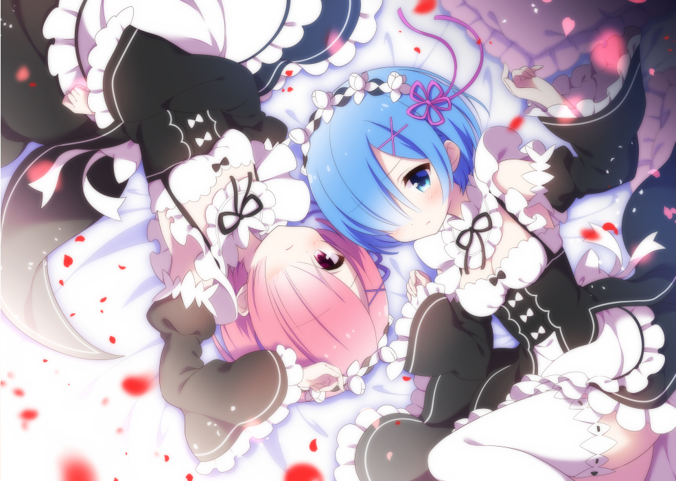 10s 2girls arm_up blue_eyes blue_hair blush breasts cleavage closed_mouth detached_sleeves dress frilled_sleeves frills frown hair_ornament hair_over_one_eye kamishiro_piyo long_sleeves lying maid maid_headdress medium_breasts multiple_girls on_back pink_eyes pink_hair ram_(re:zero) re:zero_kara_hajimeru_isekai_seikatsu rem_(re:zero) short_hair siblings sisters twins white_legwear x_hair_ornament