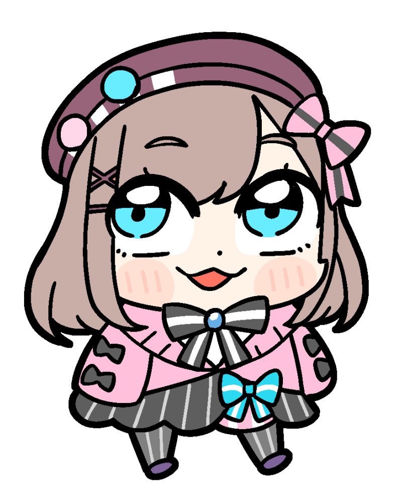 1girl :3 arms_at_sides badge beret bkub black_bow black_skirt blue_bow blue_eyes blush_stickers bow brown_hair button_badge chibi chibi_only commentary dot_nose eyes_visible_through_hair full_body hair_ornament hair_over_one_eye hairclip hat jacket long_sleeves medium_hair nijisanji open_mouth pantyhose pink_bow pink_jacket purple_shoes shirt shoes simple_background skirt solo striped_bow striped_clothes striped_pantyhose striped_skirt suzuhara_lulu suzuhara_lulu_(1st_costume) vertical-striped_clothes vertical-striped_pantyhose vertical-striped_skirt virtual_youtuber white_background white_shirt