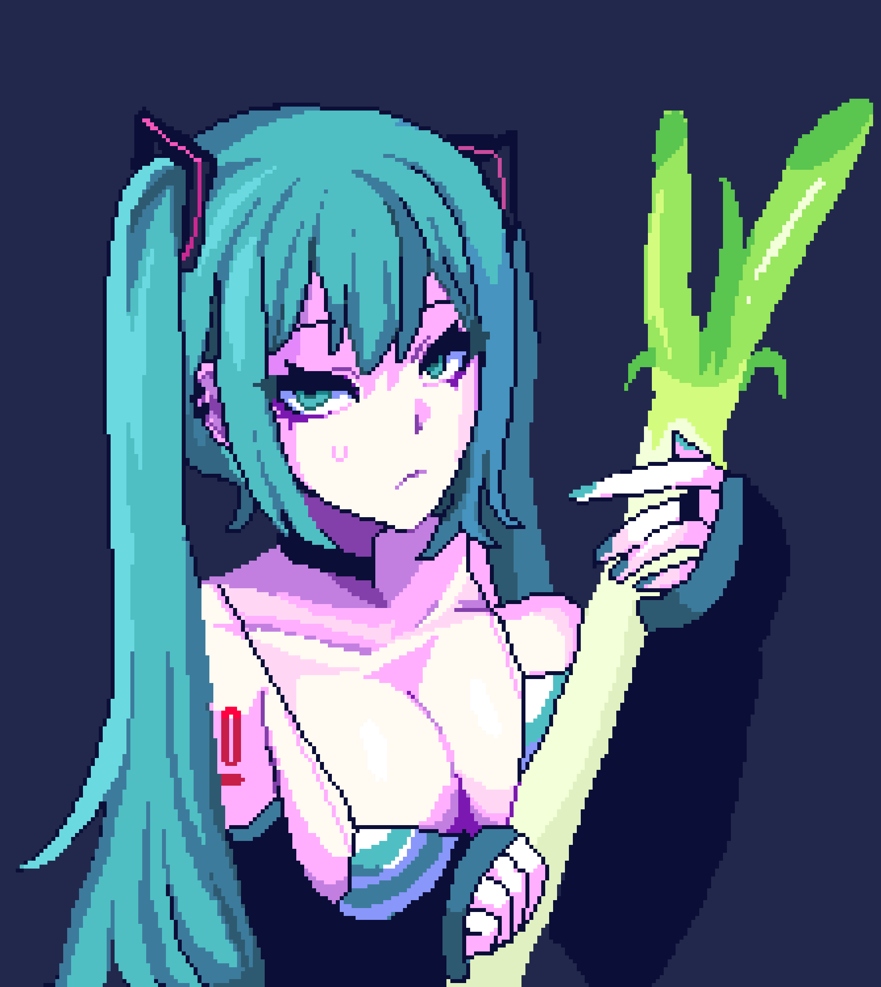 1girl alternate_costume aqua_eyes aqua_hair aqua_nails bikini black_choker black_sleeves blue_background breast_press breasts choker cleavage closed_mouth collarbone detached_sleeves earclip food hair_ornament hatsune_miku highres holding holding_food holding_spring_onion holding_vegetable jewelry large_breasts long_hair looking_at_viewer multicolored_bikini number_tattoo pixel_art pixelcadete ring simple_background solo spring_onion sweat swimsuit tattoo twintails two-tone_bikini vegetable vocaloid