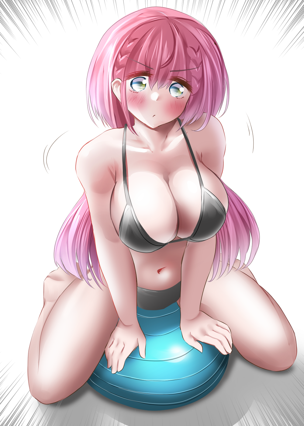 1girl aqua_eyes ball bare_shoulders bikini black_bikini blue_eyes bokutachi_wa_benkyou_ga_dekinai breasts cleavage collarbone exercise_ball feet gu~derenko highres kirisu_mafuyu large_breasts long_hair navel pink_hair riding simple_background sitting_on_ball solo stomach swimsuit thighs