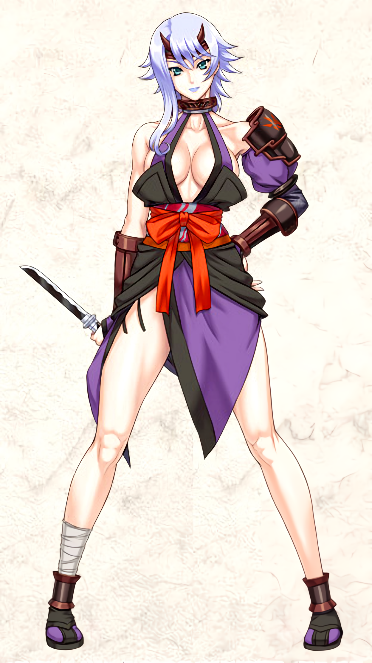 1girl bandages bare_shoulders breasts cleavage dagger eiwa female_focus grey_eyes highres knife light_purple_hair lipstick long_hair makeup panties queen&#039;s_blade rin-sin shizuka_(queen&#039;s_blade) side-tie_panties solo standing underwear weapon