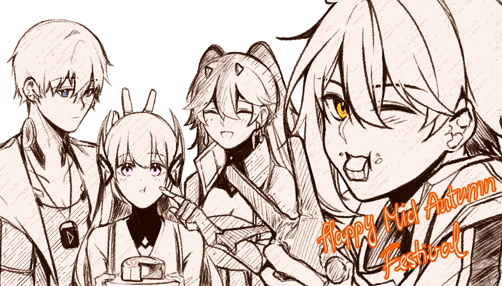 bunny_ears_prank commandant_(pgr) dochikun greyscale image_sample lee:_entropy_(pgr) lee_(pgr) liv:_eclipse_(pgr) liv_(pgr) looking_at_viewer lucia:_plume_(pgr) lucia_(pgr) mid-autumn_festival monochrome peace_symbol pixiv_sample punishing:_gray_raven white_background