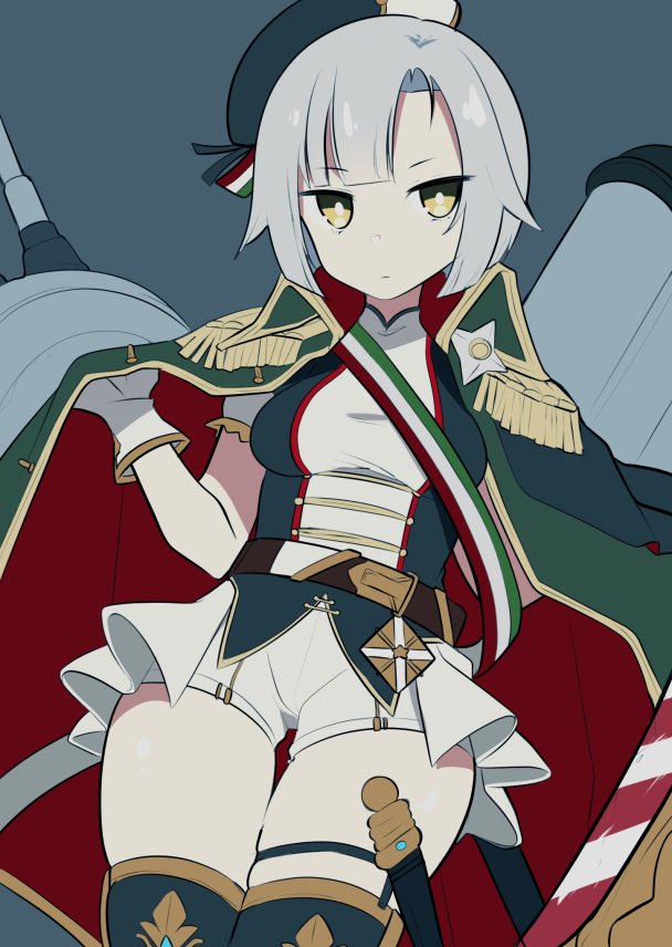 1girl azur_lane beret breasts cape commentary_request conte_di_cavour_(azur_lane) gloves grey_hair hat headgear military mzh rigging short_hair shorts sidelocks solo thighhighs yellow_eyes