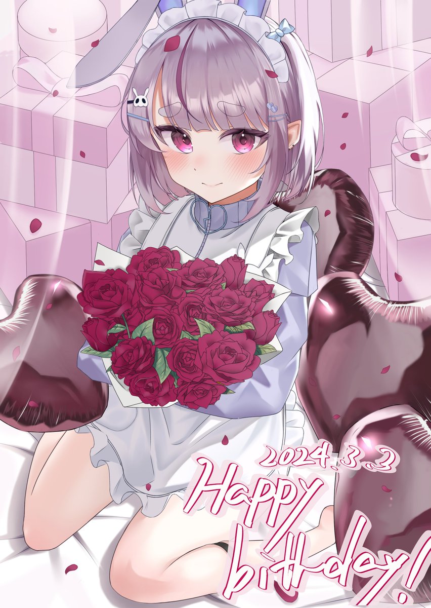 1girl animal_ears animal_hood apron balloon blue_jacket blunt_bangs blush bouquet box breasts commentary_request dated english_text fake_animal_ears flower frilled_apron frills full_body gift gift_box hair_ornament hairclip hairpin happy_birthday heart_balloon highres holding holding_bouquet hood jacket jersey_maid long_sleeves looking_at_viewer maid maid_apron maid_headdress medium_breasts multicolored_hair official_alternate_costume parted_bangs petals purple_eyes purple_hair rabbit_hood red_flower red_rose rose sitting smile solo streaked_hair thick_eyebrows tosaki_mimi tosaki_mimi_(4th_costume) touch_(uo2iqsbub291352) unconventional_maid virtual_youtuber vspo! white_apron