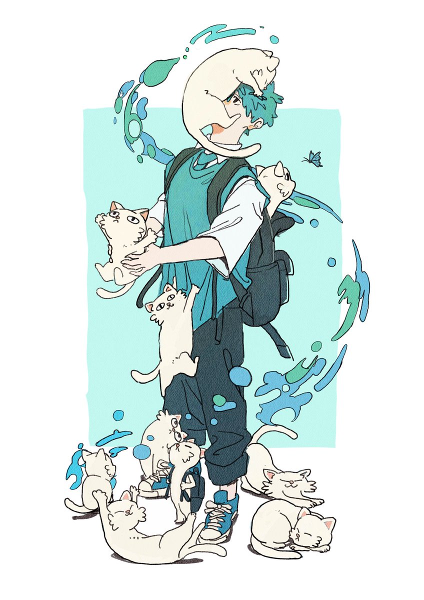 1boy animal animal_on_head arms_up backpack bag black_bag black_eyes black_pants bug butterfly cat cat_on_person collared_shirt commentary green_hair green_necktie green_sweater_vest hanging_on hanging_on_another head_back highres holding holding_animal holding_cat in_bag in_container insect jitome layered_clothes looking_at_animal lying male_focus multiple_cats necktie on_back on_head original pants rectangle shirt shoes short_sleeves simple_background sleeping slit_pupils sneakers socks solo stretching sweater_vest undershirt water_stream whiskers white_background white_cat white_shirt white_socks wing_collar yuuki_(illust2002)