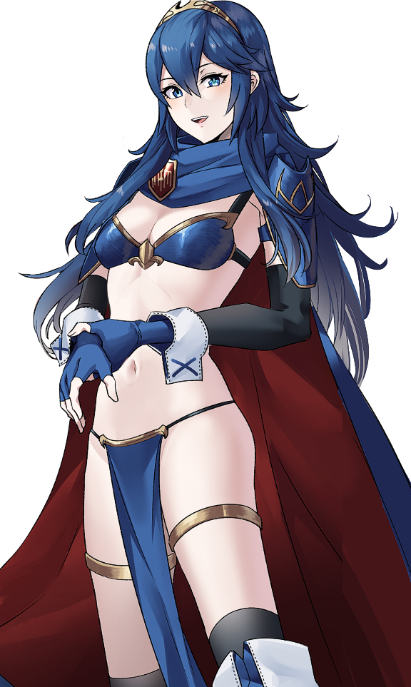 1girl @storm5958 alexis_tipton ameno_(a_meno0) armor armored_boots bikini bikini_armor blue_bikini blue_eyes blue_hair boots breasts cape elbow_gloves fingerless_gloves fire_emblem fire_emblem_awakening fold-over_boots gloves jake_brito kobayashi_yu laura_bailey loincloth long_hair lucina_(fire_emblem) navel nintendo open_mouth shoulder_armor simple_background small_breasts smile solo standing swimsuit symbol-shaped_pupils tiara very_long_hair voice_actor_connection white_background
