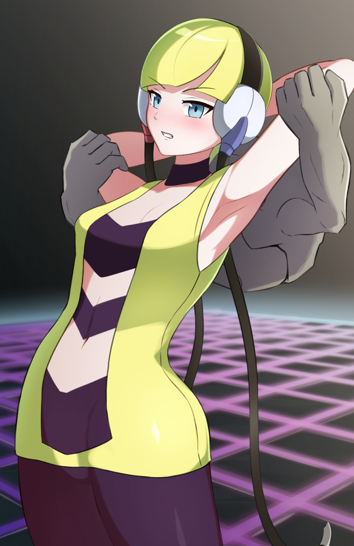&gt;:( 1girl armpits bare_arms bare_shoulders black_choker black_headwear black_pantyhose blonde_hair blue_eyes blunt_bangs blush breasts choker collarbone elesa_(pokemon) gen_1_pokemon geodude headphones nintendo pantyhose pokemon pokemon_(creature) pokemon_bw short_hair tosaka_(tosaka0001) v-shaped_eyebrows