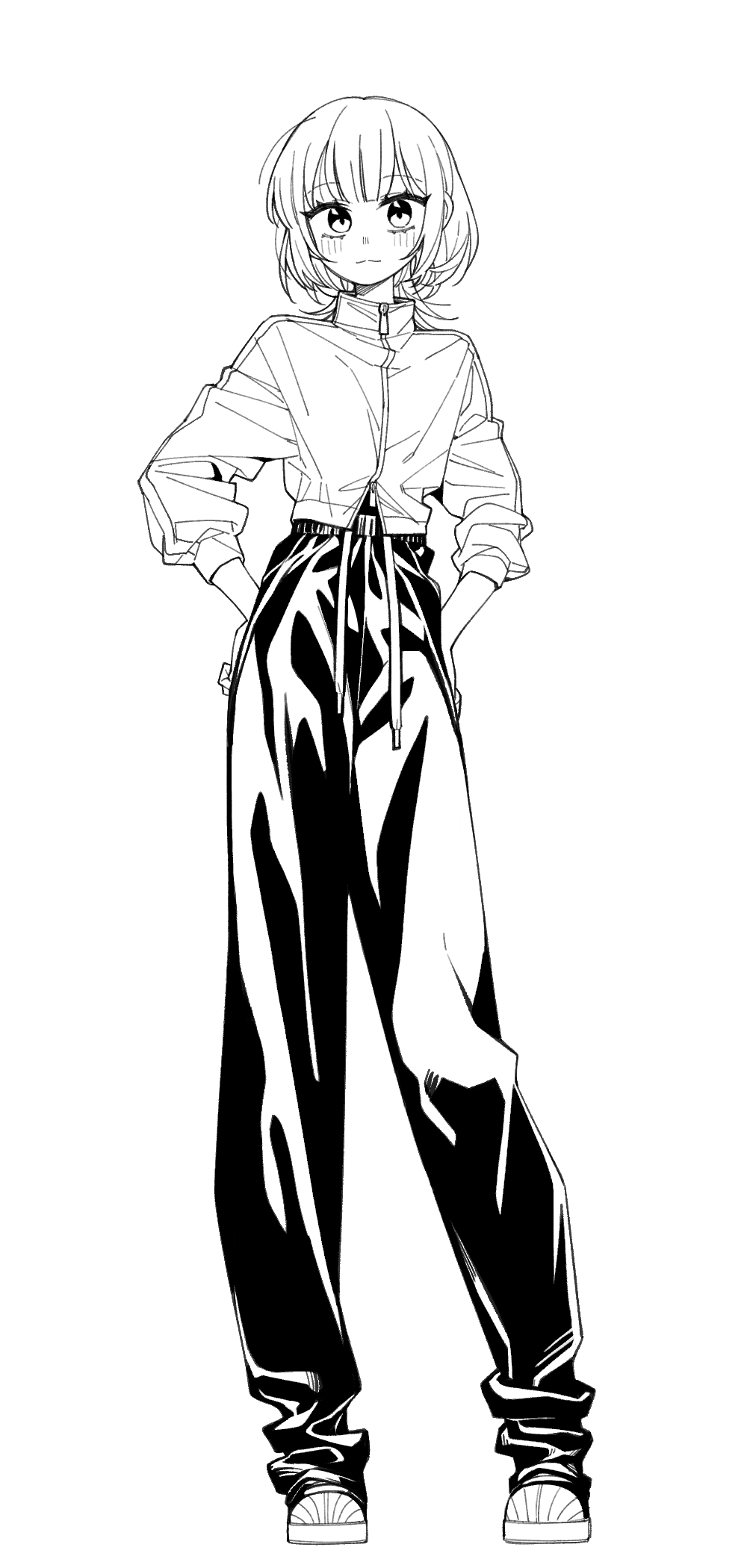 1girl bang_dream! bang_dream!_it&#039;s_mygo!!!!! blush closed_mouth commentary drawstring greyscale highres jacket kaname_raana long_hair long_legs medium_hair monochrome neonfloyd pants shoes smile solo symbol-only_commentary wolf_cut