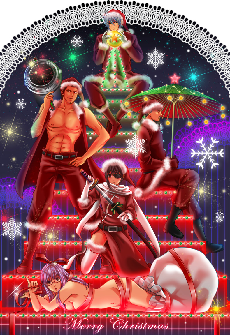 2boys 2girls bad_id bad_pixiv_id black_hair christmas eriyama eyepatch gintama glasses hat hengyo kondou_isao lying male_focus multiple_boys multiple_girls oil-paper_umbrella purple_hair ribbon sakata_gintoki santa_costume santa_hat sarutobi_ayame sword umbrella umibouzu umibouzu_(gintama) weapon yagyuu_kyuubei