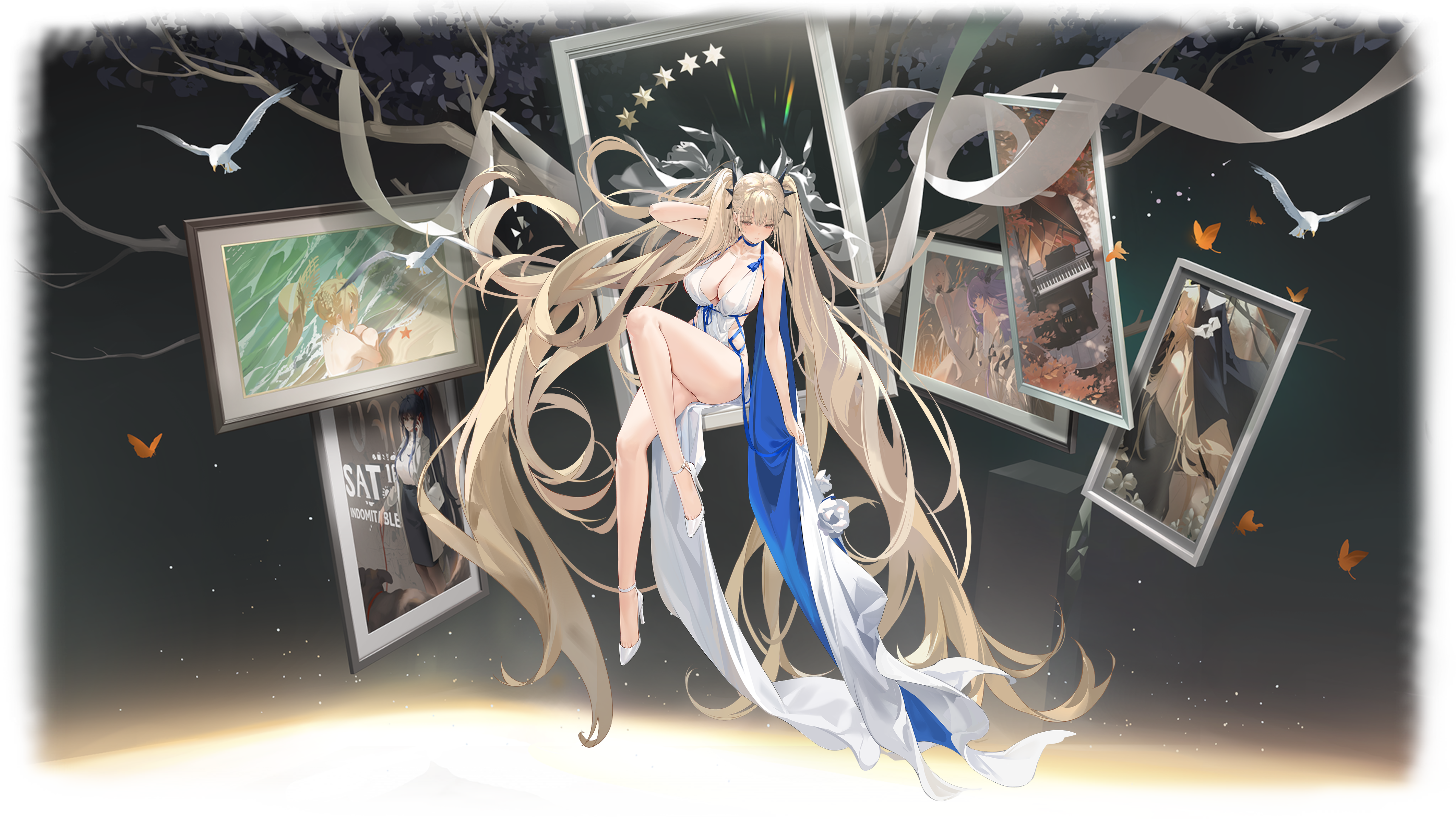1girl absurdly_long_hair absurdres alternate_costume arm_behind_head arm_up azur_lane bare_shoulders bird blonde_hair blue_ribbon bow breasts bug butterfly cleavage closed_mouth cocktail_dress collarbone dove dress empty_picture_frame evening_gown floating floating_object flower formidable_(anniversary_memories)_(azur_lane) formidable_(azur_lane) hair_between_eyes hair_ornament halter_dress halterneck hand_in_own_hair hand_up high_heels highres holding huge_breasts illustrious_(azur_lane) implacable_(azur_lane) indomitable_(azur_lane) insect kincora knee_up knees_up large_breasts legs long_hair long_legs non-web_source official_alternate_costume official_art photo_(object) picture_frame portrait_(object) red_eyes ribbon sitting skindentation sleeveless sleeveless_dress star_(symbol) stiletto_heels strappy_heels thighs tree twintails two-sided_dress two-sided_fabric two-tone_cape unicorn_(azur_lane) very_long_hair victorious_(azur_lane) white_bird white_dress white_flower
