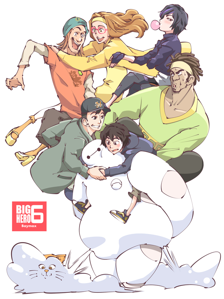 2girls 4boys baymax big_hero_6 black_hair brown_hair cat dark_skin disney fred_(big_hero_6) glasses gogo_tomago dreadlocks high_heels hiro_hamada honey_lemon long_hair marvel multicolored_hair multiple_boys multiple_girls orange_hair purple_hair robot short_hair tadashi_hamada touge_hiro wasabi-no-ginger