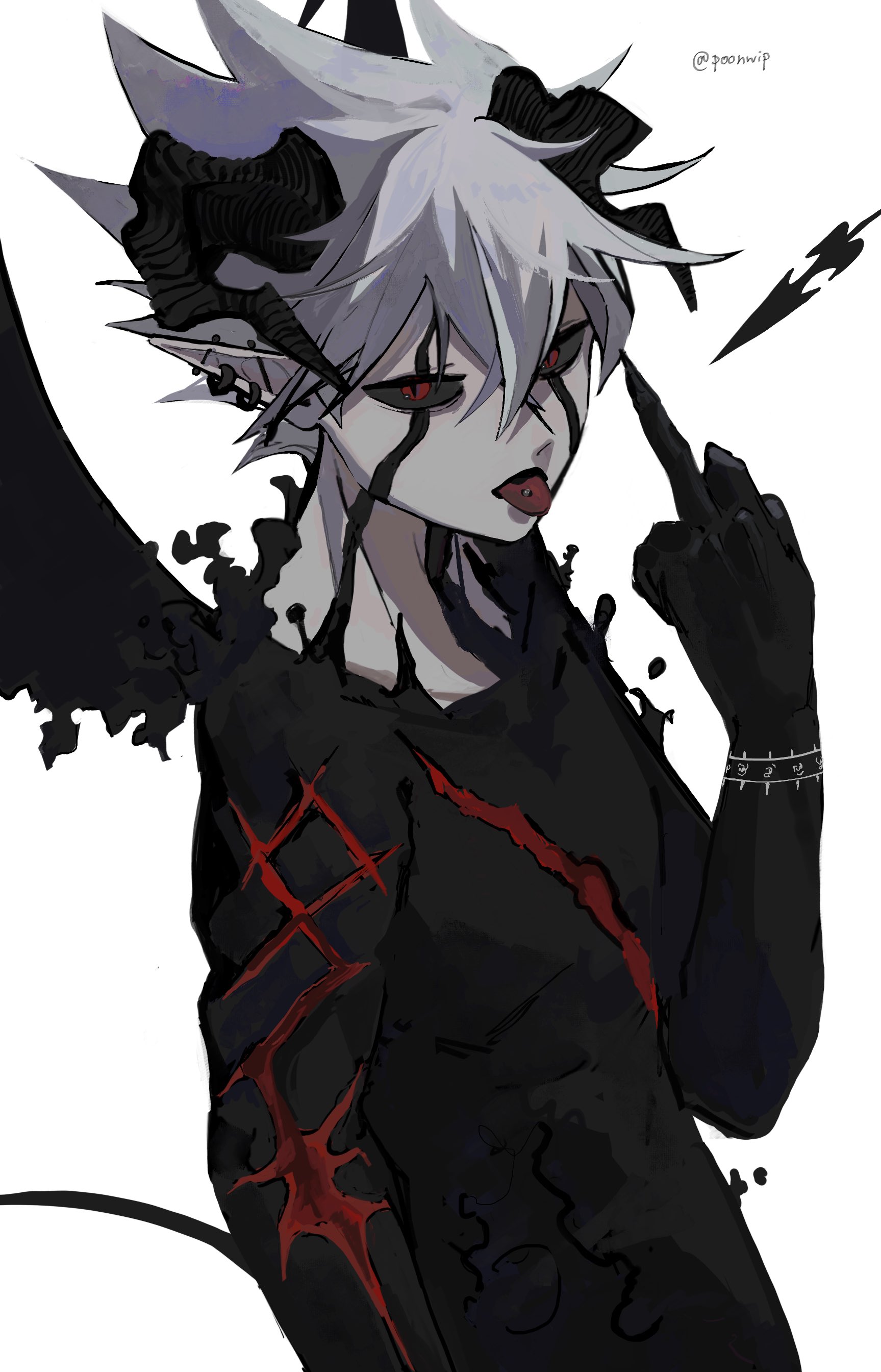 1boy absurdres barbell_piercing black_bodysuit black_clover black_sclera bodysuit colored_sclera colored_skin demon_boy demon_horns demon_tail demon_wings ear_piercing facial_mark grey_hair half-closed_eyes hand_up highres horns industrial_piercing liebe_(black_clover) long_pointy_ears male_focus mark_under_both_eyes middle_finger multiple_piercings open_mouth piercing pointy_ears poonwip red_eyes scar scar_on_chest short_hair simple_background slit_pupils solo spiked_hair tail tongue tongue_out upper_body white_background white_hair white_skin wings