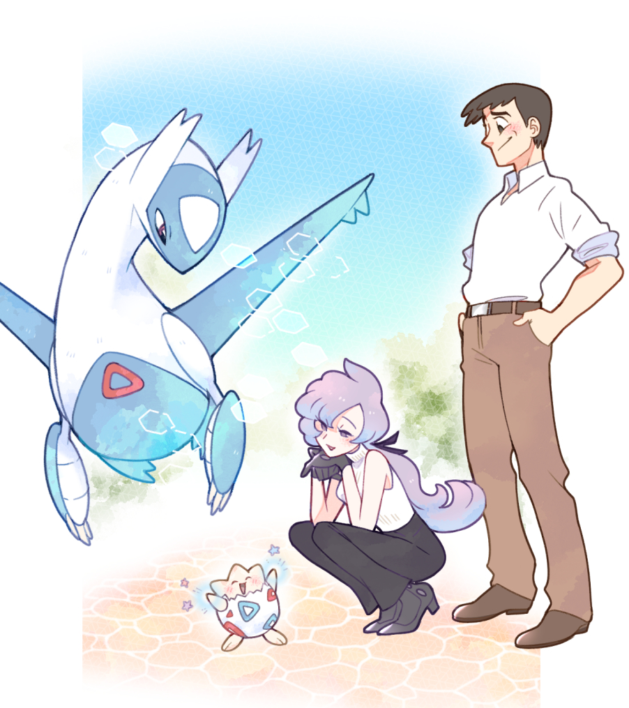 1boy 1girl alternate_costume anabel_(pokemon) belt black_footwear black_gloves blush brown_footwear brown_hair collared_shirt gen_2_pokemon gen_3_pokemon gloves hands_in_pockets high_heels latios legendary_pokemon looker_(pokemon) looking_at_another nintendo pokemon pokemon_(creature) pokemon_sm ponytail purple_eyes purple_hair shirt sky smile squatting star_(symbol) togepi vergolophus white_shirt wings