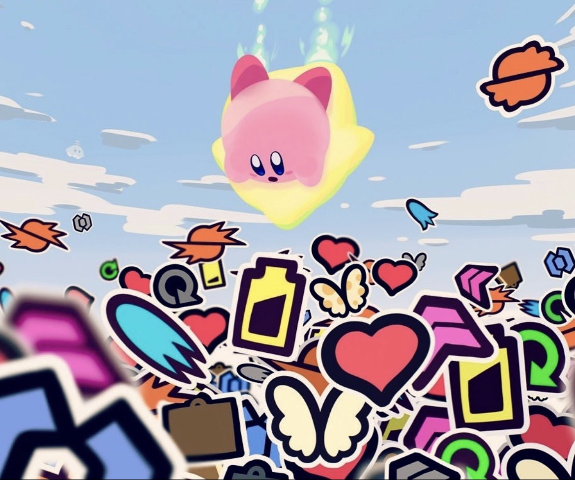 arrow_(symbol) battery blue_eyes blue_sky cameo cloud floating flying hataraku_ufo heart jobski kirby kirby_(series) kirby_air_ride nintendo no_humans open_mouth power-up sky solo_focus suyasuyabi ufo warp_star wings