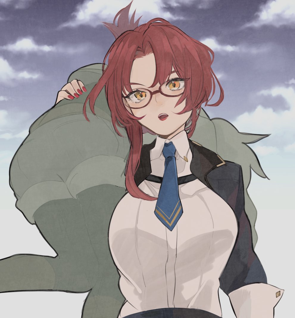 2girls :o black_pantyhose blue_jacket blue_necktie breasts carrying_over_shoulder cloud cloudy_sky collared_shirt glasses grey_shorts grey_sky honkai_(series) honkai_impact_3rd jacket kiana_kaslana kiana_kaslana_(valkyrie_ranger) large_breasts lipstick looking_at_viewer makeup mogomaco multiple_girls murata_himeko nail_polish necktie open_mouth outdoors pantyhose red_hair red_nails shirt shorts sky teacher upper_body white_hair white_jacket white_shirt yellow_eyes