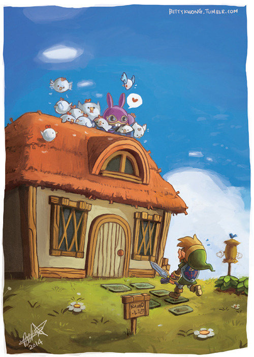 2boys bettykwong blue_sky bush cloud cucco door flower grass green_headwear heart holding holding_sword holding_weapon hood house link looking_at_another multiple_boys nintendo ravio scarecrow shield sign sky spoken_heart sword thatched_roof the_legend_of_zelda tumblr_username watermark weapon web_address window