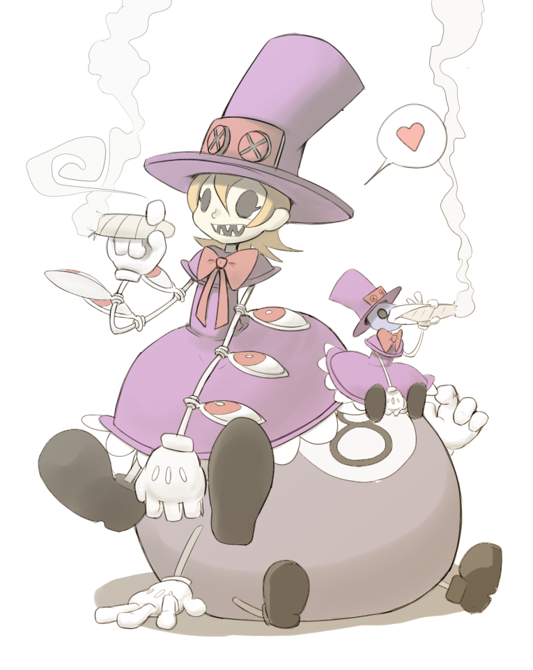 1girl avery_(skullgirls) bird cigar dress gloves hat kurokuro_(pmnovel) lenny_the_bomb mechanical_arms orange_hair peacock_(skullgirls) red_eyes ribbon sharp_teeth short_hair skullgirls smoke smoking teeth top_hat
