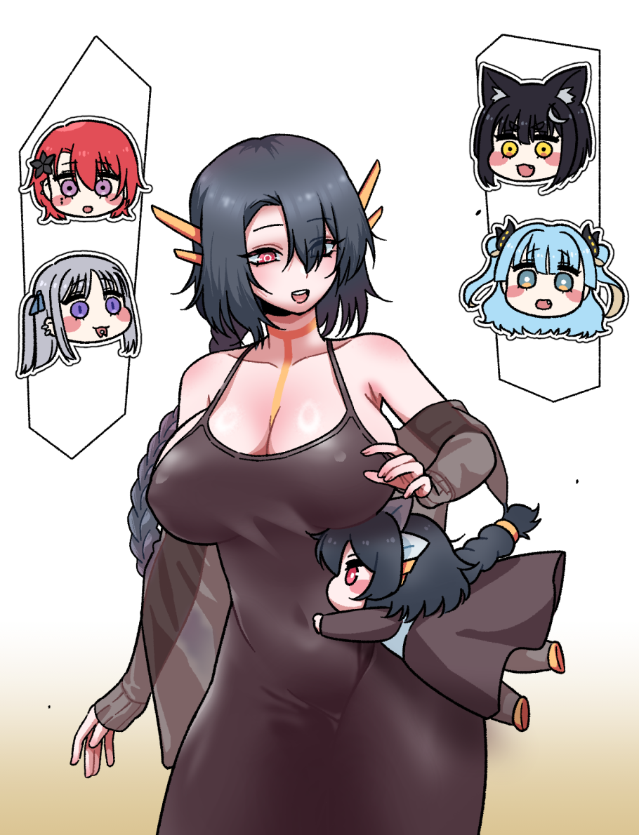 adapted_costume animal_ear_fluff animal_ears aqua_hair black_hair black_wyrm_(last_origin) blonde_hair blue_eyes blush_stickers body_markings braid braided_ponytail breasts cardigan cheona_(last_origin) chibi cleavage colored_inner_hair covered_navel dog_ears dog_girl dongtan_dress dress earrings fafnir_(last_origin) fang forked_tongue gradient_background grey_hair hair_ornament janghwa_(last_origin) jewelry large_breasts last_origin long_dress long_hair low_neckline maid_headdress meme_attire mini_black_wyrm_(last_origin) mogijabgo mole mole_under_eye mother_and_daughter multicolored_eyes multicolored_hair multiple_girls pantyhose piercing purple_eyes red_eyes red_hair short_hair slit_pupils spaghetti_strap tongue tongue_piercing two-tone_eyes two-tone_hair two_side_up vargr_(last_origin) very_long_hair yellow_eyes