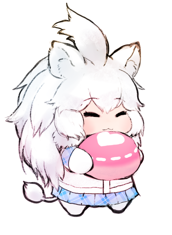 1girl :3 animal_ears bodystocking chibi closed_eyes closed_mouth double-parted_bangs food full_body holding holding_food ise_(0425) japari_bun kemono_friends lion_ears lion_girl lion_tail long_hair plaid_clothes plaid_skirt plaid_sleeves plaid_trim pleated_skirt shirt short_sleeves simple_background skirt smile solo standing tail white_background white_hair white_lion_(kemono_friends) white_shirt