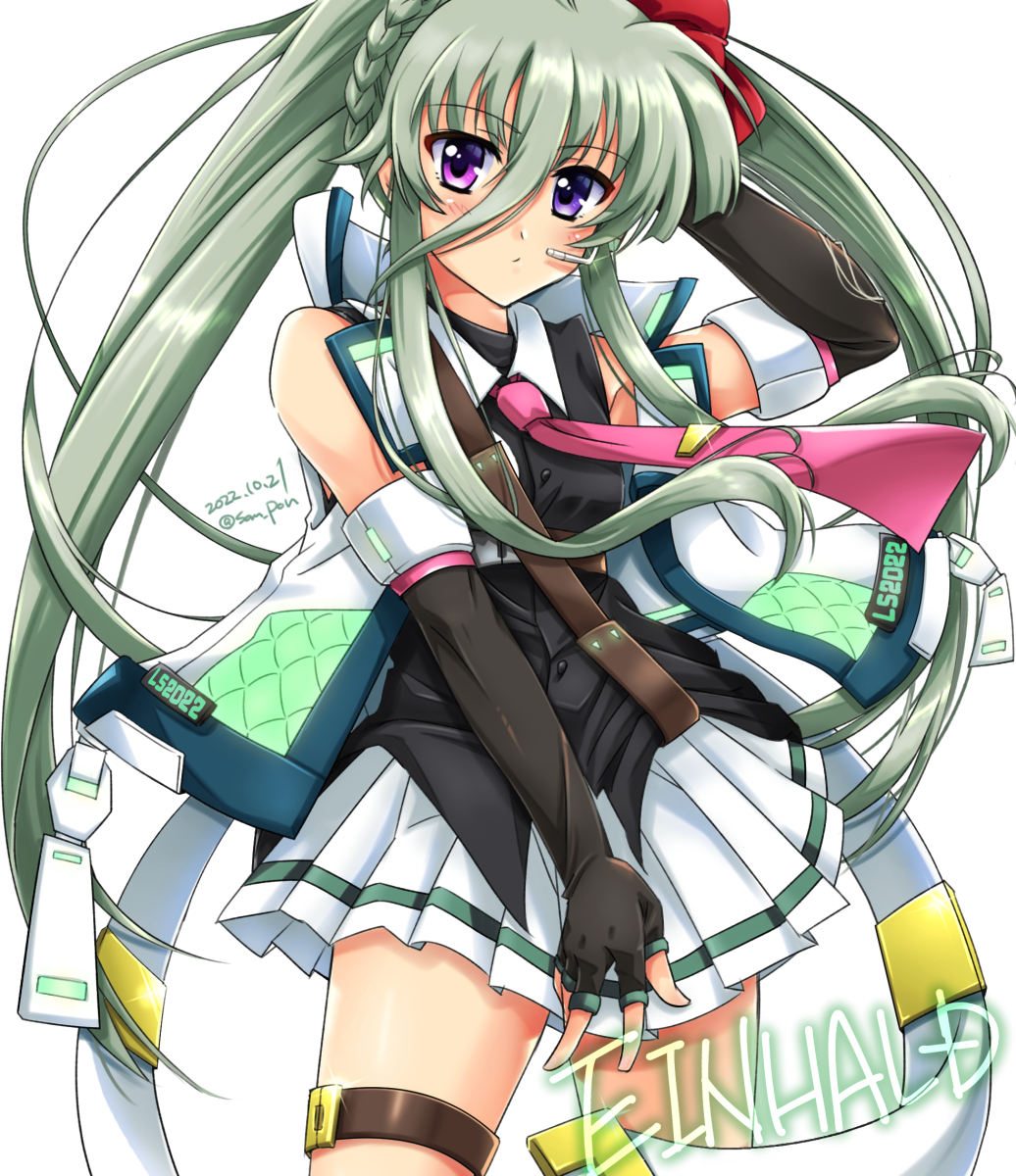 armpit_peek artist_name black_gloves blush braid closed_mouth dated einhard_stratos elbow_gloves fingerless_gloves gloves green_hair heterochromia highres long_hair looking_at_viewer lyrical_nanoha lyrical_store mahou_shoujo_lyrical_nanoha_vivid miniskirt pleated_skirt san-pon simple_background skirt twintails vivid_strike! white_background white_skirt