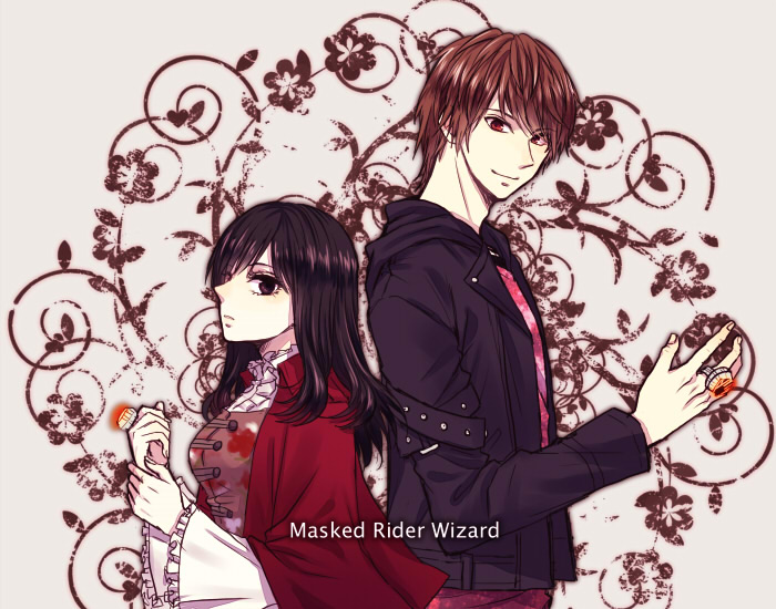 1boy 1girl bad_id bad_pixiv_id black_legwear brown_hair cloak grey_eyes jacket jewelry kamen_rider kamen_rider_wizard_(series) keichi_(kenamakon) koyomi_(kamen_rider_wizard) long_hair red_eyes ring smile souma_haruto upper_body