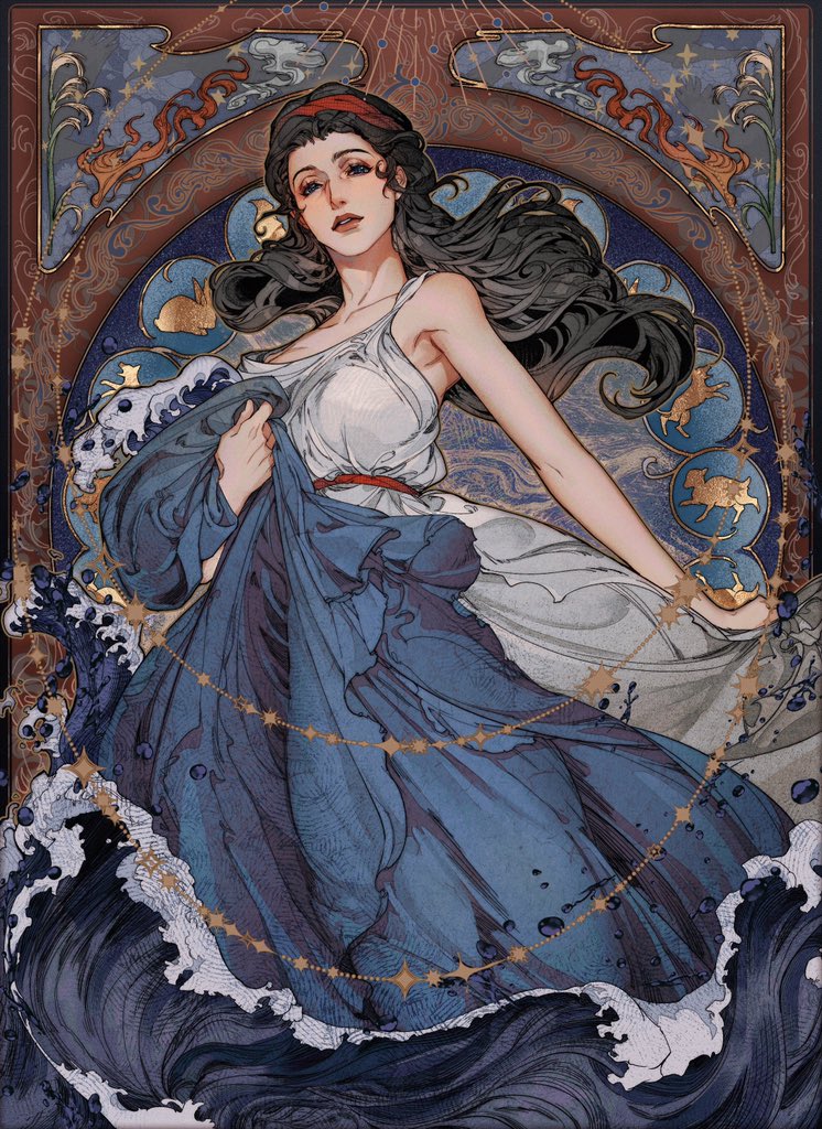 1girl belt bird black_hair blue_circle blue_cloak blue_eyes border brown_border cloak commentary dress eliza_fox floating_hair foaming_waves greek_mythology hairband half-closed_eyes hashtag-only_commentary holding holding_unworn_clothes lamb light_rays long_hair looking_at_viewer ornate_border parted_lips rabbit red_belt red_hairband sheep skirt_hold sleeveless sleeveless_dress solo star_(symbol) teeth tethys_(mythology) upper_teeth_only water_drop waves wavy_hair white_dress wolf