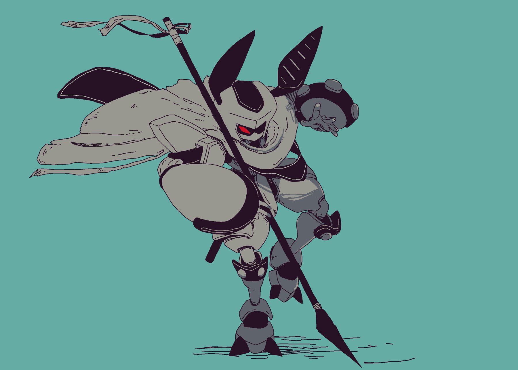 cape glowing glowing_eyes highres lance medarot medarot_(robot) polearm red_eyes robot rokusho_(medarot) weapon