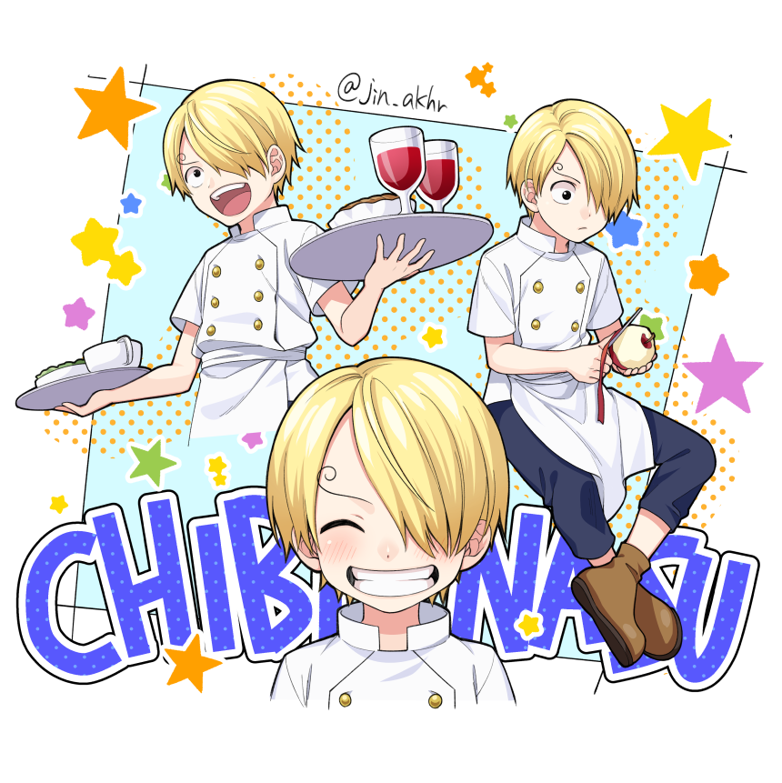 1boy aged_down alcohol apple apple_peel blonde_hair brown_footwear character_name chef curly_eyebrows food fruit grin hair_over_one_eye holding holding_tray jin_akhr male_focus multiple_views one_piece peeling pie sanji_(one_piece) short_hair smile star_(symbol) tray twitter_username wine