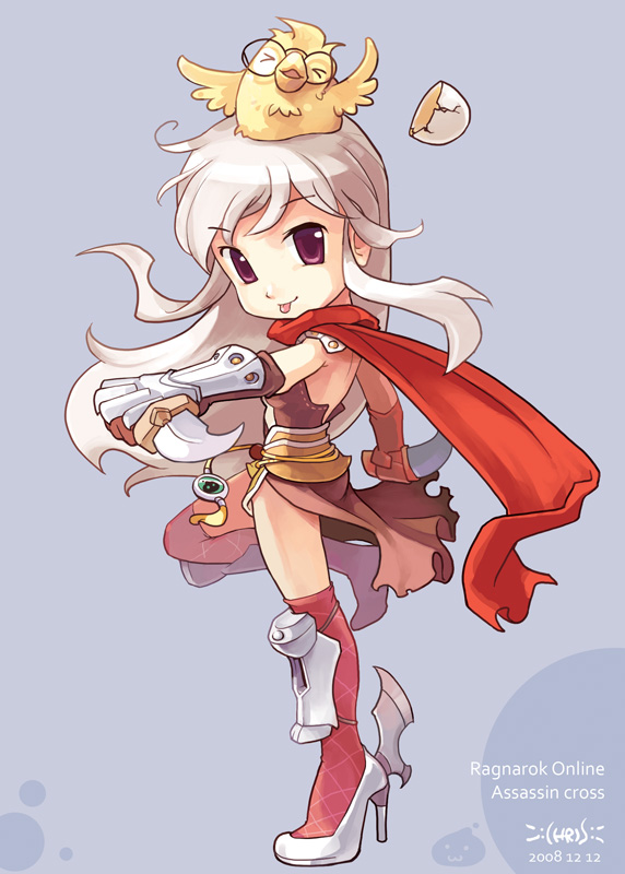 1girl animal animal_on_head armor armored_boots assassin_cross_(ragnarok_online) back bird bird_on_head blue_background boots brown_gloves brown_leotard character_name closed_mouth commentary_request copyright_name dagger dated dual_wielding eggshell elbow_gloves full_body gloves grey_hair high_heel_boots high_heels holding holding_dagger holding_knife holding_weapon knife leotard long_hair looking_at_viewer on_head pauldrons purple_eyes ragnarok_online red_scarf red_thighhighs reverse_grip scarf shoulder_armor smile solo standing standing_on_one_leg strapless strapless_leotard tennohi thighhighs tongue tongue_out vambraces waist_cape weapon