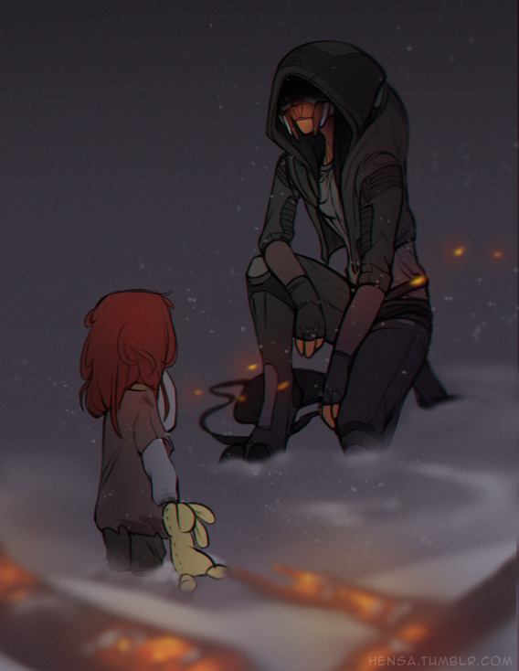 commander_shepard commander_shepard_(female) hensa kneeling mass_effect_(series) stuffed_toy tumblr turian
