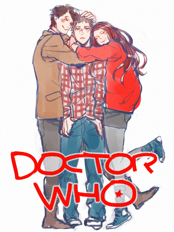 1girl 2boys amy_pond boots converse denim doctor_who eleventh_doctor eleventh_doctor_(doctor_who) hug jacket jeans kamaboko_(moyaciv) multiple_boys pants rory_willams rory_williams shirt simple_background smile tears the_doctor the_doctor_(doctor_who)