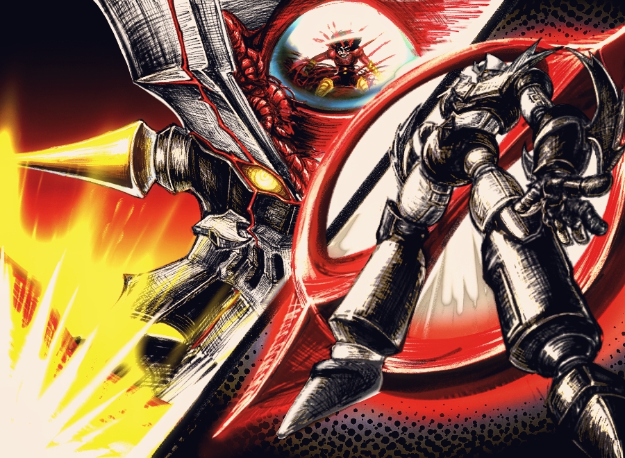 1boy 1other arm_blade armor biomechanical black_armor black_hair bodysuit boots dithering faux_traditional_media gloves hatching_(texture) kabuto_kouji looking_at_viewer mazinger_(series) mazinger_zero_(mecha) mecha mecha_focus mechabare multiple_views pilder pilot_suit red_bodysuit robot shin_mazinger_zero sickking spikes super_robot weapon wire yellow_boots yellow_eyes yellow_gloves yellow_light