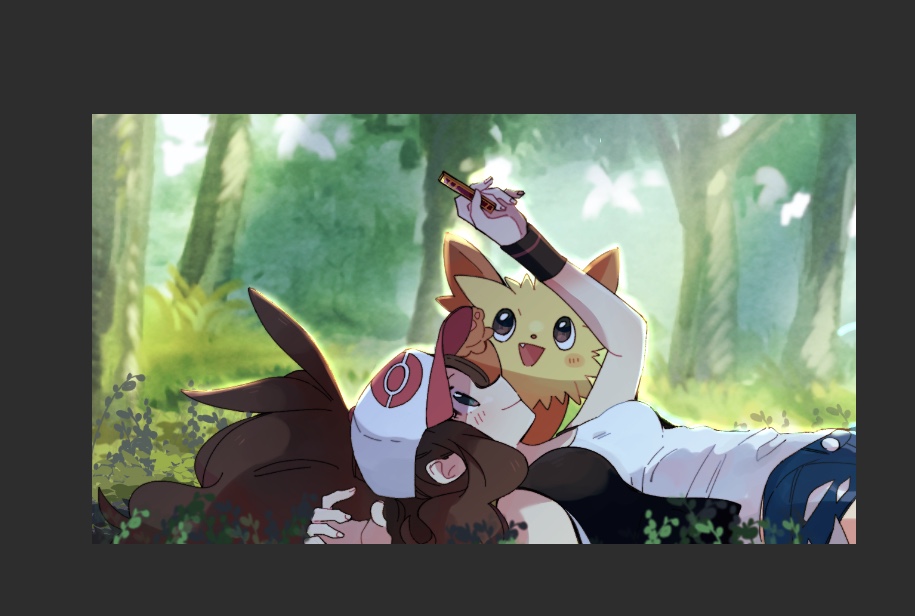 1girl baseball_cap black_vest brown_hair closed_mouth commentary_request day denim denim_shorts from_side gen_5_pokemon grass hat high_ponytail hilda_(pokemon) holding lillipup lying misha_(ohds101) nintendo on_back outdoors pokemon pokemon_(creature) pokemon_bw ponytail shirt shorts sidelocks sleeveless sleeveless_shirt smile tree vest white_shirt wristband
