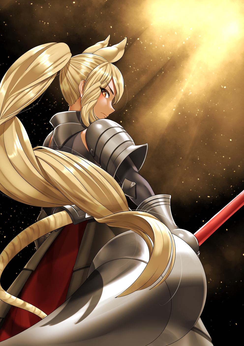 1girl animal_ears armor blonde_hair breastplate brown_hair closed_mouth drill_hair drill_sidelocks extra_ears from_behind gauntlets high_ponytail highres holding holding_polearm holding_weapon kawanami_eito kemono_friends long_hair looking_at_viewer polearm ponytail rhinoceros_ears rhinoceros_girl shoulder_armor sidelocks sideways_glance solo spear standing tail v-shaped_eyebrows very_long_hair weapon white_rhinoceros_(kemono_friends)