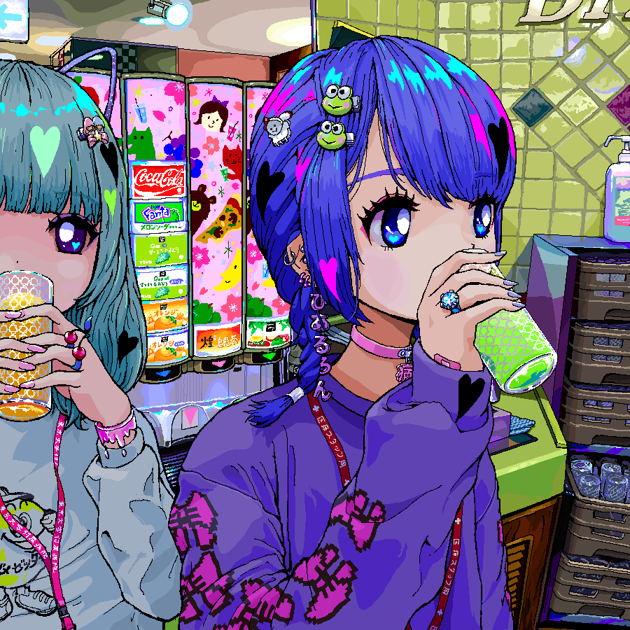 2girls ace_akira blue_eyes blue_hair braid choker coca-cola commentary_request copyright_request cup drinking fanta hair_ornament hairclip holding holding_cup indoors jaggy_lines jewelry kero_kero_keroppi keropii kiki_(little_twin_stars) lala_(little_twin_stars) little_twin_stars medium_hair multiple_girls original product_placement purple_hair ring sanrio sweater
