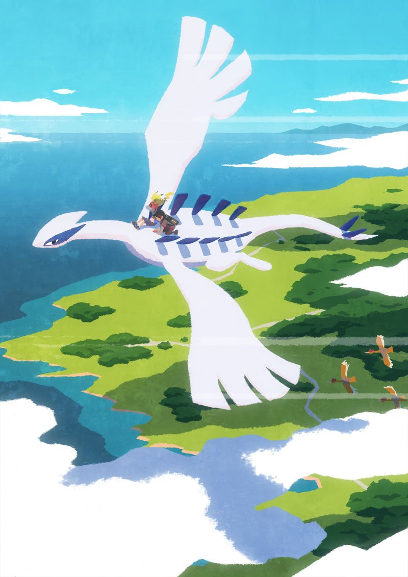 2boys ash_ketchum backpack bag baseball_cap black_bag black_hair black_pants blue_jacket blue_shorts blue_sky cloud fearow flying gen_1_pokemon gen_2_pokemon goh_(pokemon) grey_shirt hat hyogonosuke jacket legendary_pokemon lugia multiple_boys nintendo official_art on_head pants pikachu pokemon pokemon_(anime) pokemon_(creature) pokemon_journeys pokemon_on_head red_hat riding riding_pokemon shirt shoes shorts sky third-party_source water white_shirt wings