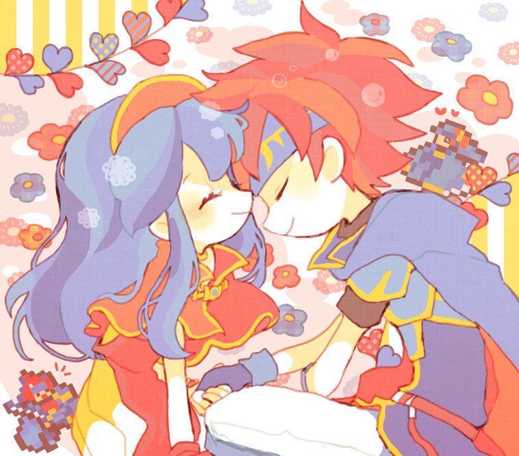 1boy 1girl armor blue_eyes blue_hair blush cape couple dress fire_emblem fire_emblem:_the_binding_blade gloves hat jewelry kappaman lilina_(fire_emblem) long_hair nintendo open_mouth red_hair roy_(fire_emblem) short_hair smile