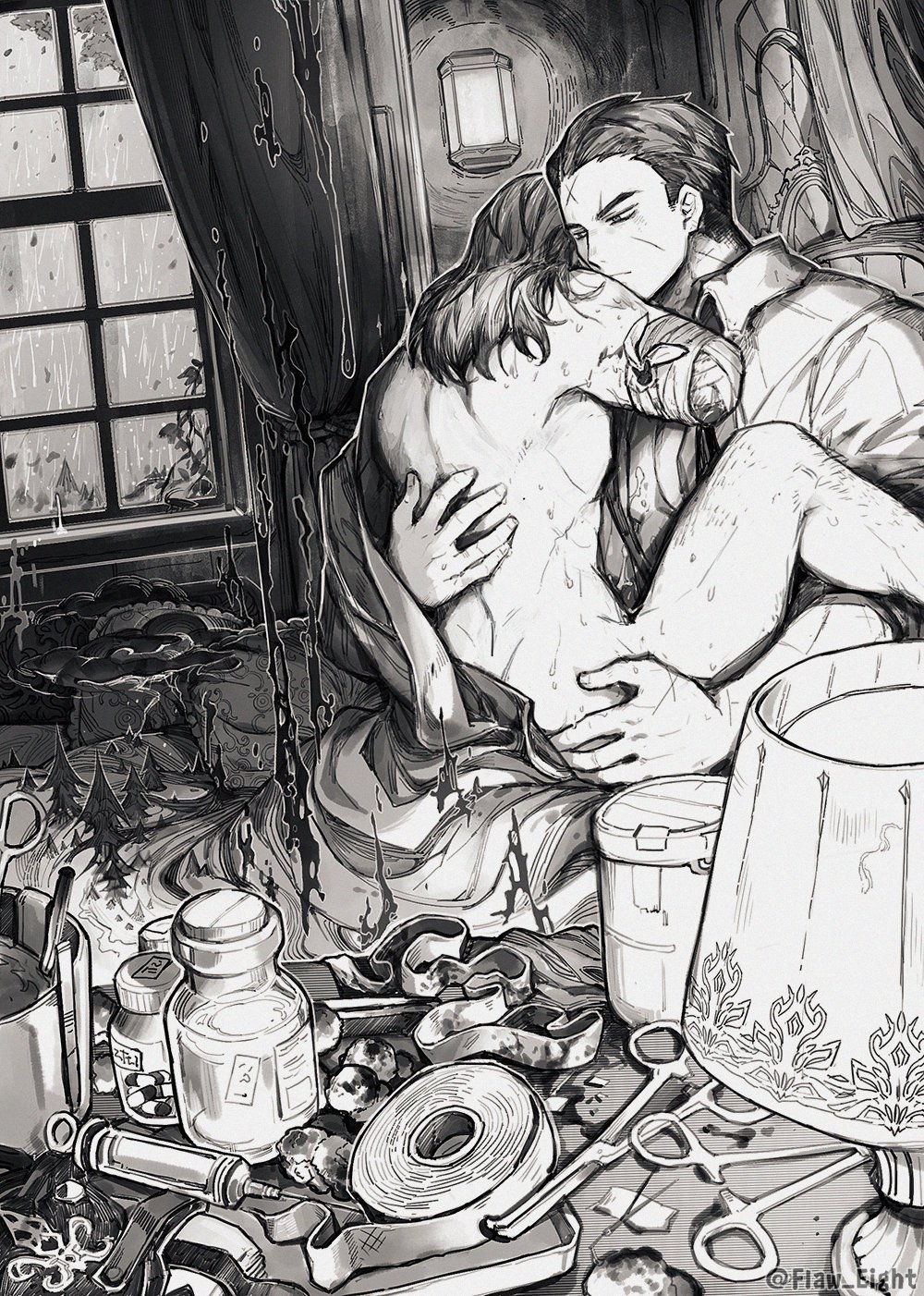 2boys bedroom blood bottle closed_mouth curtains dead_rabbits_(identity)_(project_moon) flaw_eight gauze gregor_(project_moon) greyscale hair_slicked_back highres hug indoors lamp limbus_company long_hair meursault_(project_moon) monochrome multiple_boys pill_bottle project_moon sitting smoke storm surgical_scissors sweat syringe window wuthering_heights_(identity)_(project_moon) yaoi