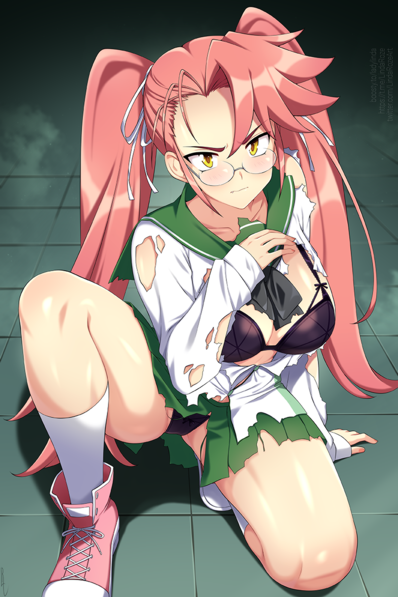 1girl black_bra black_panties blush bra breasts closed_mouth commentary curtained_hair english_commentary fang fang_out glasses green_sailor_collar green_skirt hair_ribbon hand_up highres highschool_of_the_dead knee_up large_breasts lindaroze long_hair long_sleeves looking_at_viewer on_one_knee panties pink_hair pink_shoes pleated_skirt ribbon rimless_eyewear sailor_collar school_uniform shirt shoes skirt socks solo takagi_saya thick_thighs thighs tile_floor tiles torn_clothes torn_shirt torn_skirt twintails underwear v-shaped_eyebrows very_long_hair white_ribbon white_shirt white_socks yellow_eyes