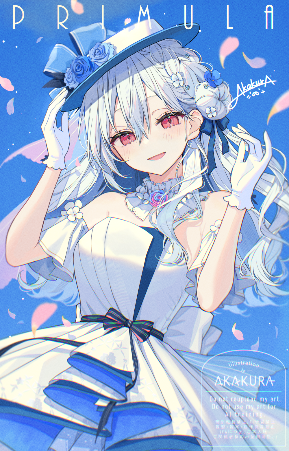 1girl akakura arm_up artist_name bare_shoulders bow braid detached_sleeves dress dress_bow floating_hair flower gloves grey_hair hair_between_eyes hair_bun hakase_fuyuki hand_up hat hat_flower highres long_hair looking_at_viewer nijisanji parted_lips pink_eyes short_sleeves signature smile solo virtual_youtuber white_dress white_gloves white_hat