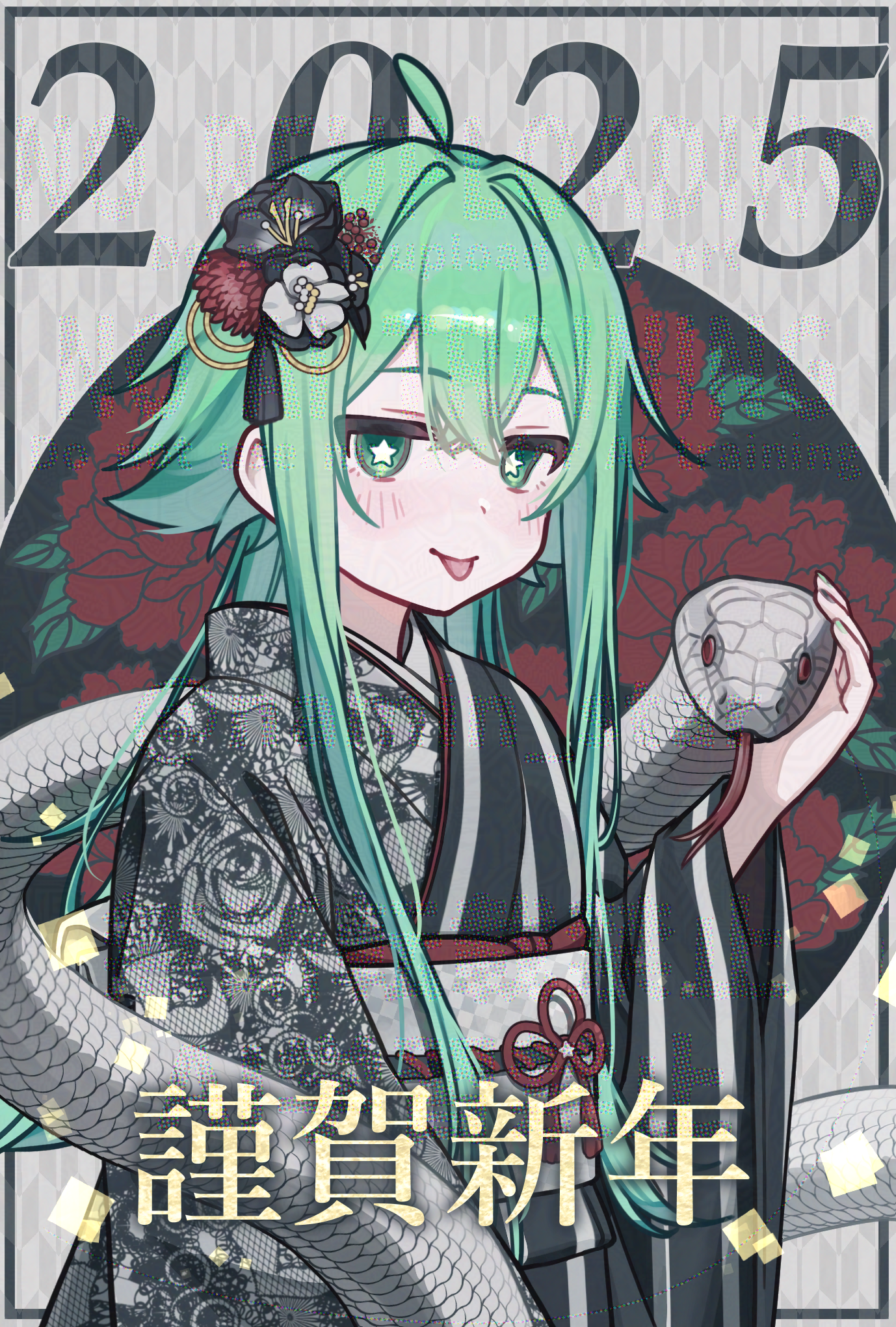 1girl 2025 ahoge black_flower black_kimono black_rose chinese_zodiac closed_mouth cowboy_shot floral_print floral_print_kimono flower green_eyes green_hair hair_between_eyes hair_flaps hair_flower hair_intakes hair_ornament highres japanese_clothes kimono long_hair long_sleeves looking_at_viewer namin_(anjpzaobmhbppxs) nanase_(namin) nengajou new_year obi original print_kimono rose sash sidelocks smile snake solo star-shaped_pupils star_(symbol) symbol-shaped_pupils tongue tongue_out watermark wide_sleeves year_of_the_snake