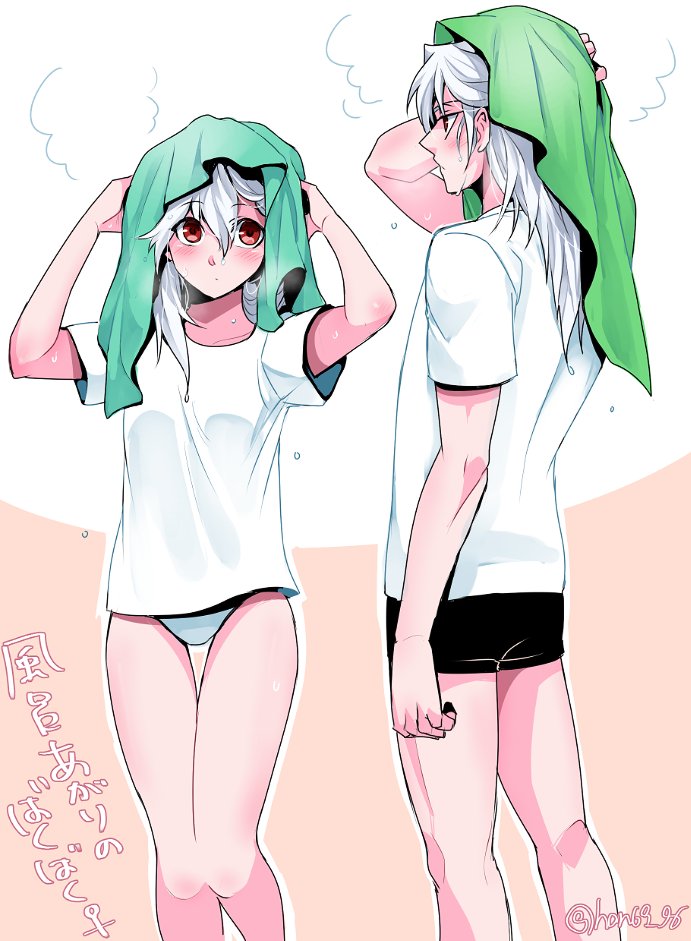 1boy 1girl bakura_ryou bantian96 breasts closed_mouth drying drying_hair genderswap genderswap_(mtf) grey_hair holding holding_towel long_hair panties shirt towel underwear water_drop wet wet_hair white_hair yami_bakura yu-gi-oh! yu-gi-oh!_duel_monsters