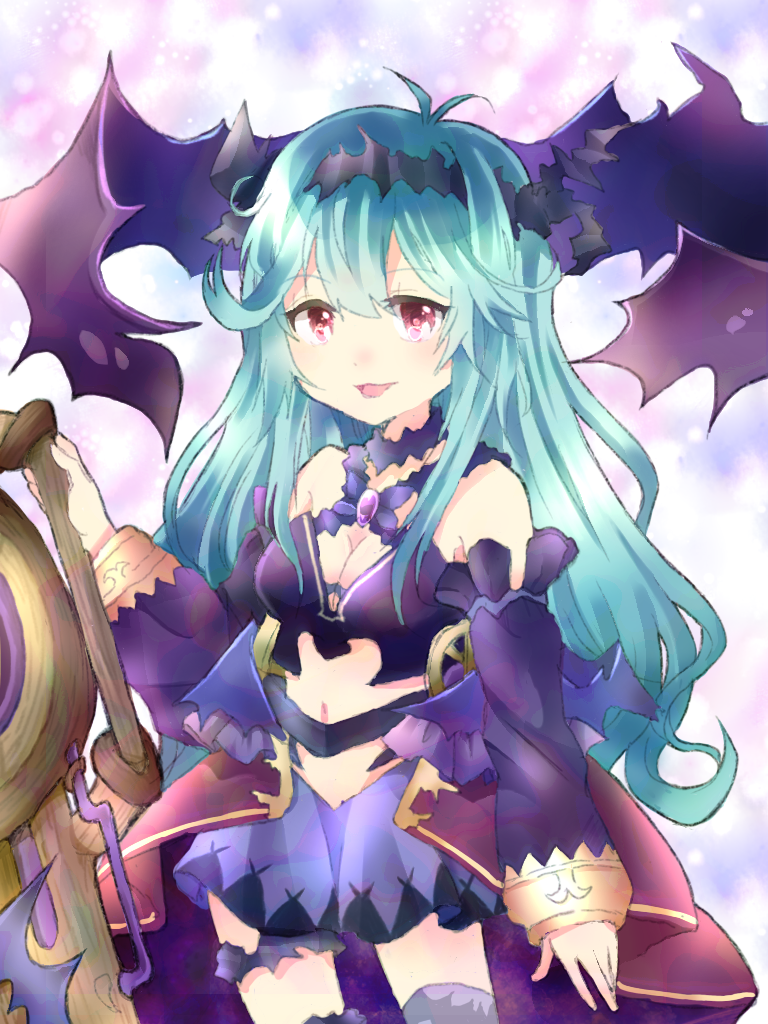 1girl bare_shoulders black_hairband blue_hair breasts cannon chaos_aurora_(grimms_notes) chibi detached_sleeves dress grimms_notes hairband messy_hair midriff navel open_mouth red_eyes sgchn single_sock socks solo standing weapon wheel