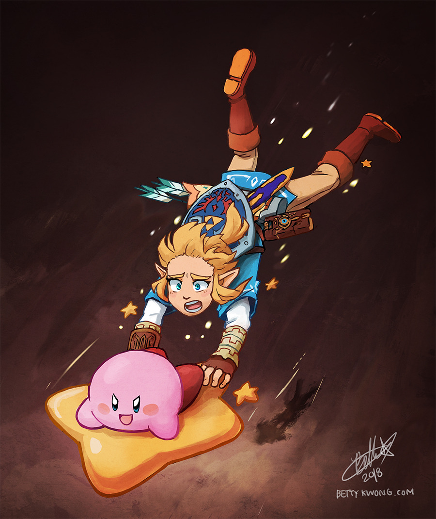 &gt;:d arrow_(projectile) bettykwong blonde_hair blue_shirt boots flying hanging_on kirby kirby_(series) link motion_lines nintendo scared shadow sheikah_slate shield shirt speed_lines star_(symbol) the_legend_of_zelda the_legend_of_zelda:_breath_of_the_wild v-shaped_eyebrows warp_star