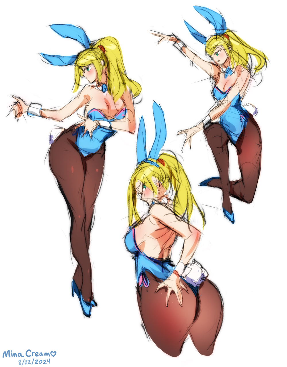 1girl animal_ears ass bending blonde_hair blue_bow blue_footwear blue_leotard bow breasts brown_pantyhose collar commentary crossed_ankles english_commentary fake_animal_ears fake_tail hand_on_own_ass highres leotard long_hair looking_back metroid mina_cream multiple_views nintendo pantyhose playboy_bunny pointing ponytail rabbit_ears rabbit_tail samus_aran sideboob signature sketch strapless strapless_leotard tail white_collar white_wrist_cuffs wrist_cuffs
