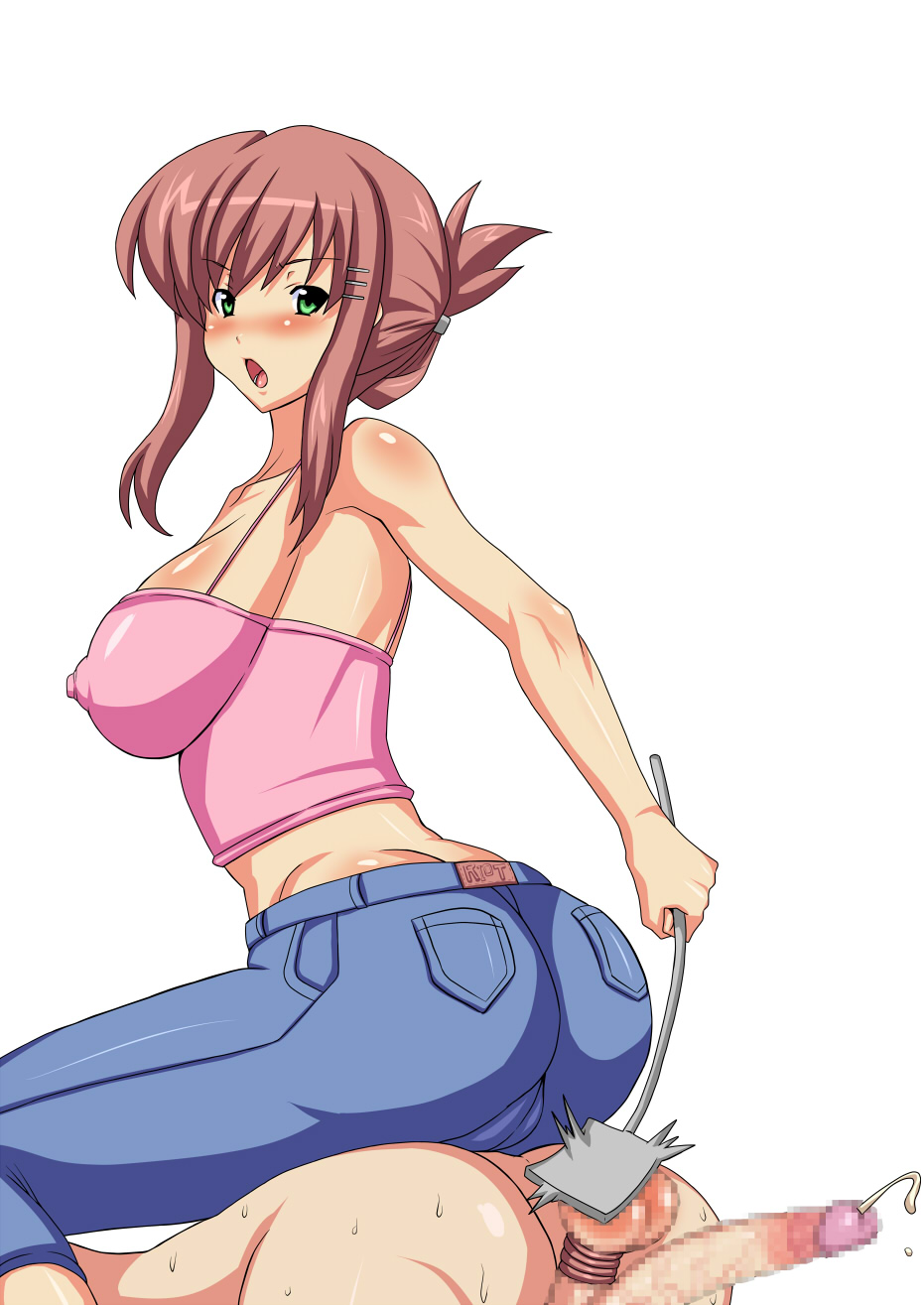 1boy 1girl alternate_hairstyle ass ball_busting bare_shoulders bdsm blush breasts brown_hair butt_crack cameltoe cbt censored clothed_female_nude_male covered_erect_nipples crotch_kick cum denim dimples_of_venus ejaculation femdom folded_ponytail green_eyes hair_ornament hairclip handsfree_ejaculation highres jeans large_breasts looking_back nude open_mouth pants penis pink_shirt shiny_clothes shiny_skin shirt short_hair sideboob sidelocks simple_background sitting sitting_on_person slashcat sleeveless sleeveless_shirt sophia_esteed spatula star_ocean star_ocean_till_the_end_of_time sweat tank_top testicles white_background